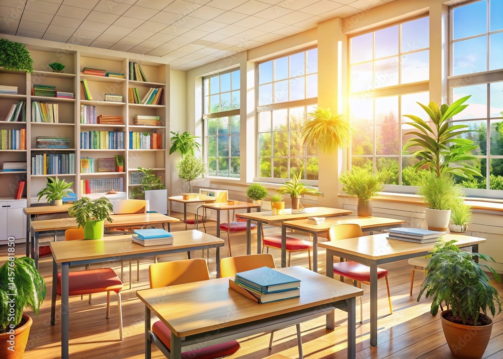 Dream Classroom: Empty Desks, Books, Sunlight Streaming Through Window - Inspiring Education Stock Photo Dream Classroom: Empty Desks, Books, Sunlight Streaming Through Window - Inspiring Education Stock Photo