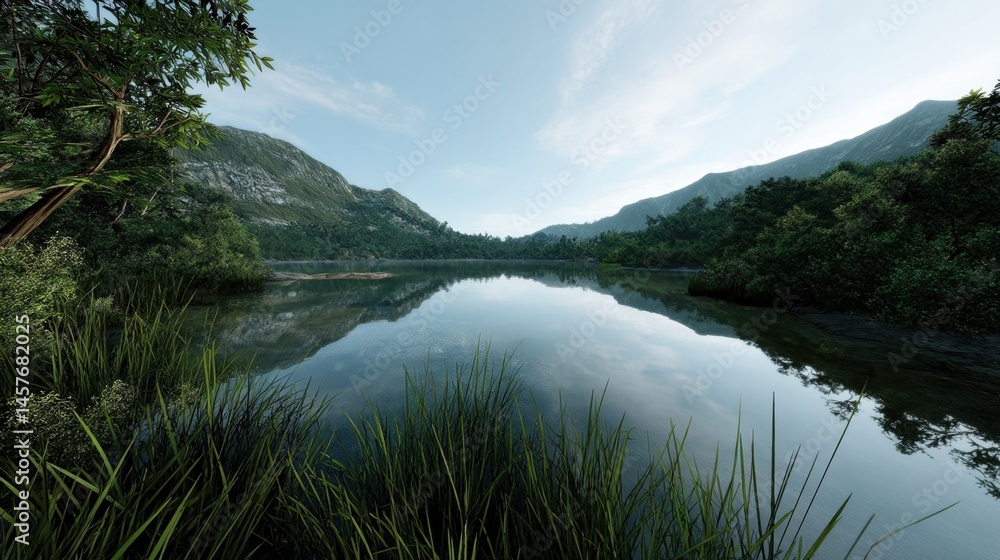 A serene virtual nature landscape where a player practices mindfulness and relaxation techniques surrounded by tranquil lakes and lush greenery.