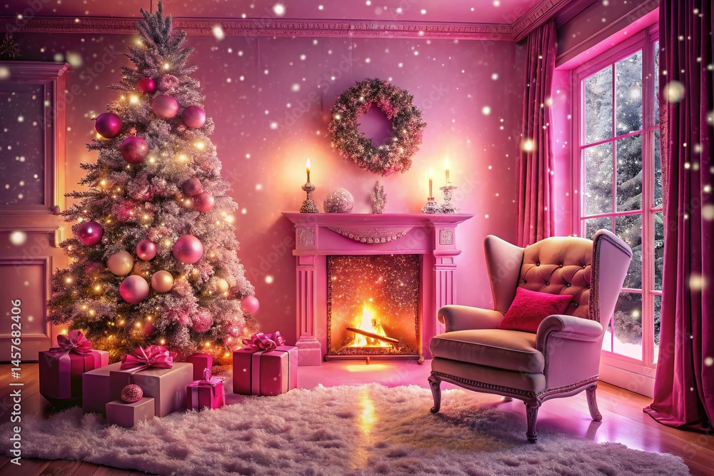 Fototapeta premium Dreamy Pink Christmas Fireplace Night Scene - Festive Holiday Stock Photo