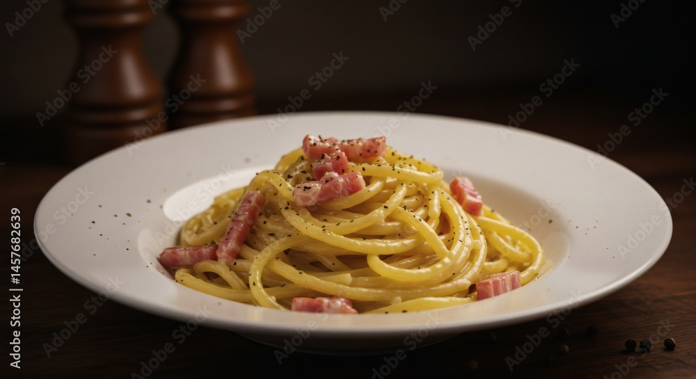 A plate of spaghetti carbonara with bacon and black pepper on a white plate on a wooden table A plate of spaghetti carbonara with bacon and black pepper on a white plate on a wooden table