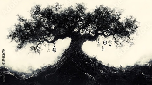 Steampunk Tree Of Knowledge With Hanging Light Bulbs And Gears High Resolution Photo