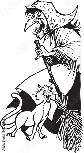 caricature sketch illustration of a witch wearing a hat and using a broomstick