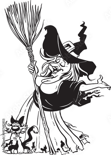 caricature sketch illustration of a witch wearing a hat and using a broomstick