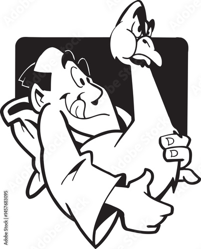 illustration sketch caricature silhouette of monk priest lifting duck