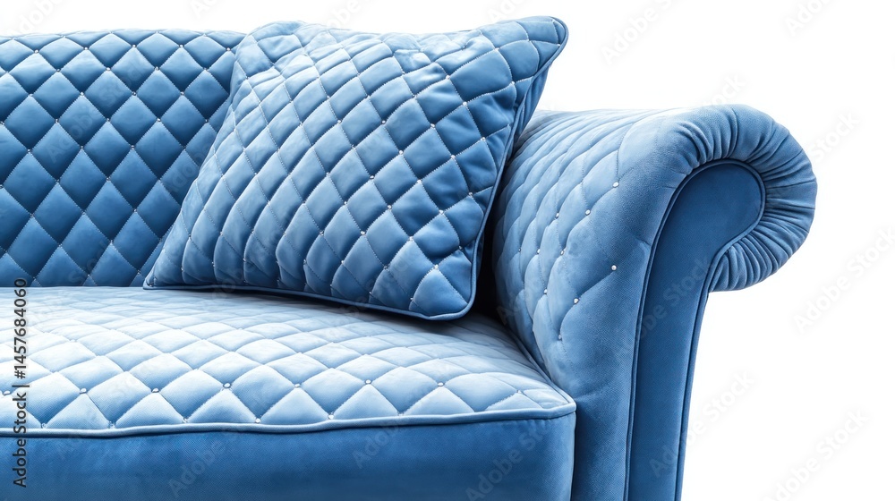 Fototapeta premium Elegant, quilted, blue velvet sofa section with decorative pillows