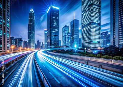 Dynamic Blue City Highway Night: Fast-Moving Light Trails & Modern Skyscrapers