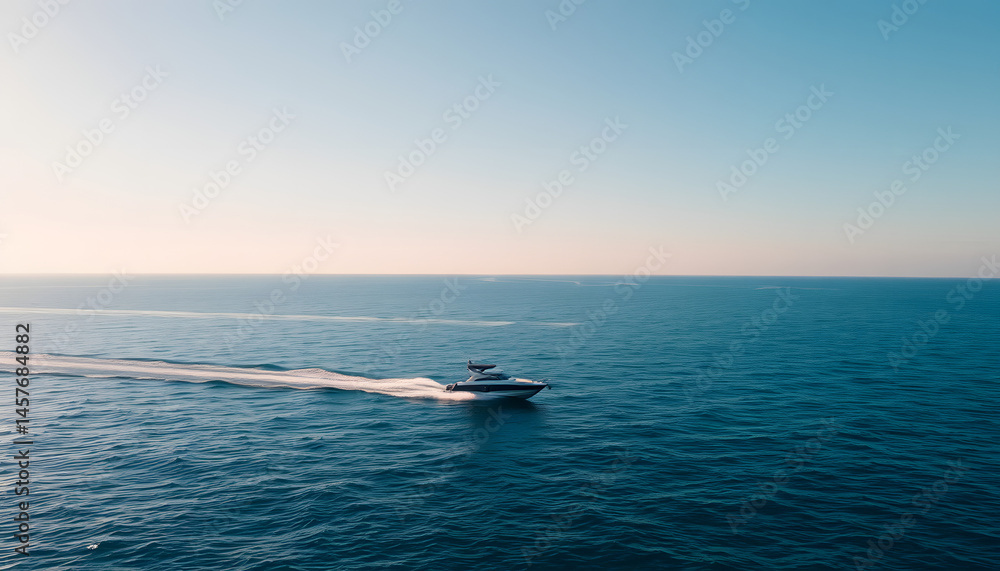Naklejka premium Vacation and leisure. Aerial view on fast boat on blue sea at sunny day. Fast ship on the sea surface. Seascape from the drone. Seascape from air. Seascape with motorboat. isolated with white highli