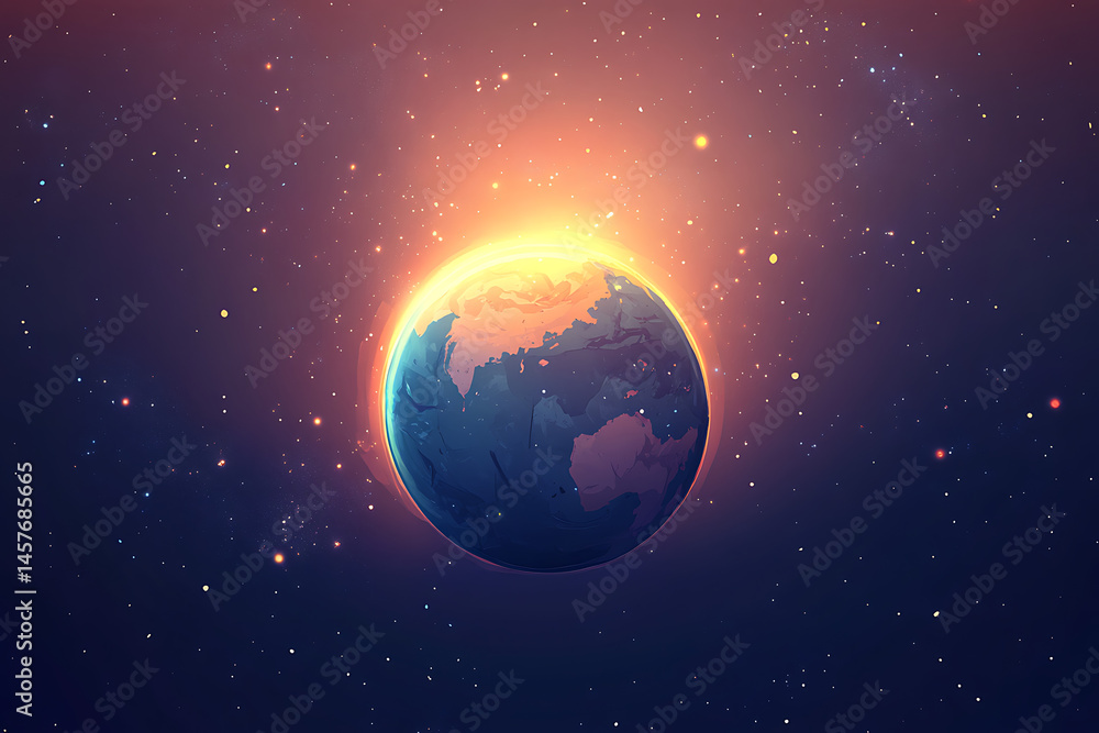 Fototapeta premium Stunning digital depiction of Earth in space during sunrise, showcasing vibrant colors and stars