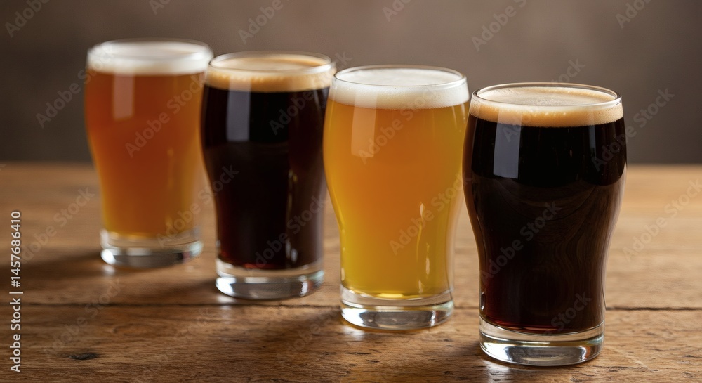 A variety of beer in glasses with different colors and foam on a wooden surface in a close up shot A variety of beer in glasses with different colors and foam on a wooden surface in a close up shot