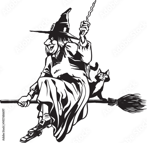 silhouette caricature illustration of a witch using a broomstick