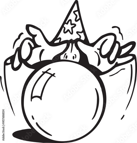 silhouette caricature sketch illustration of a fortune teller predicting the future in front of a crystal ball