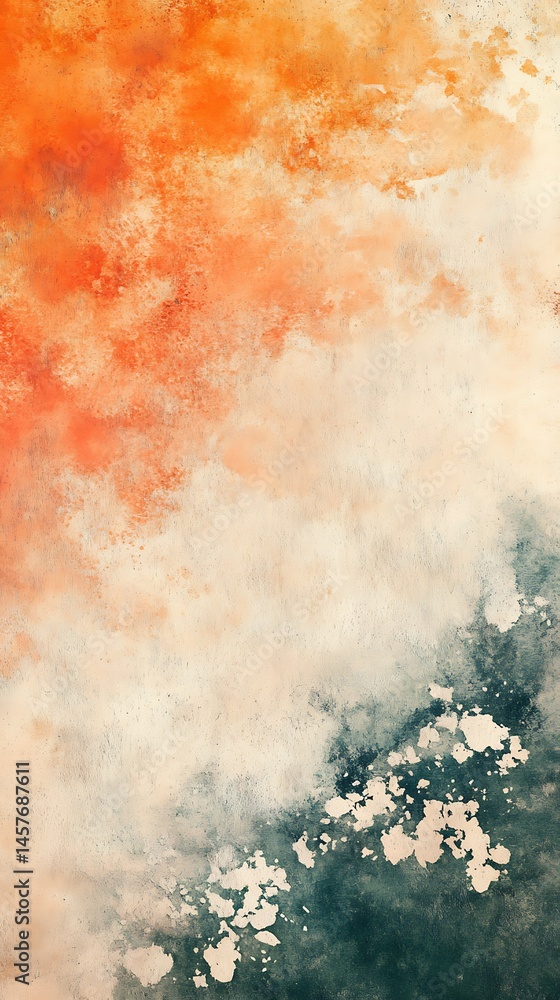 Fototapeta premium Abstract background presents a blend of orange hues and dark teal with bright paint spots
