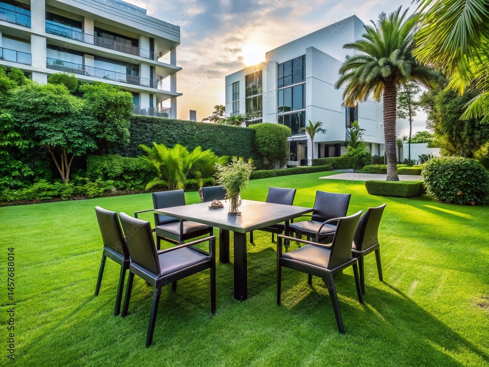 Obraz premium Elegant Black Outdoor Dining Set in Lush Bangkok Garden, Modern Hotel Background