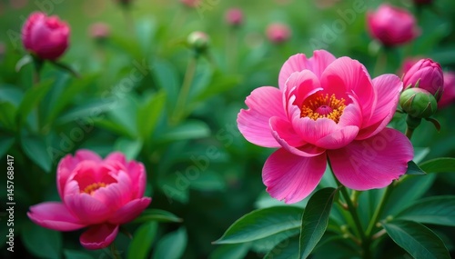 Wallpaper Mural Bold peony blossoms & greenery, vibrant color palette, floral, leaves, green Torontodigital.ca