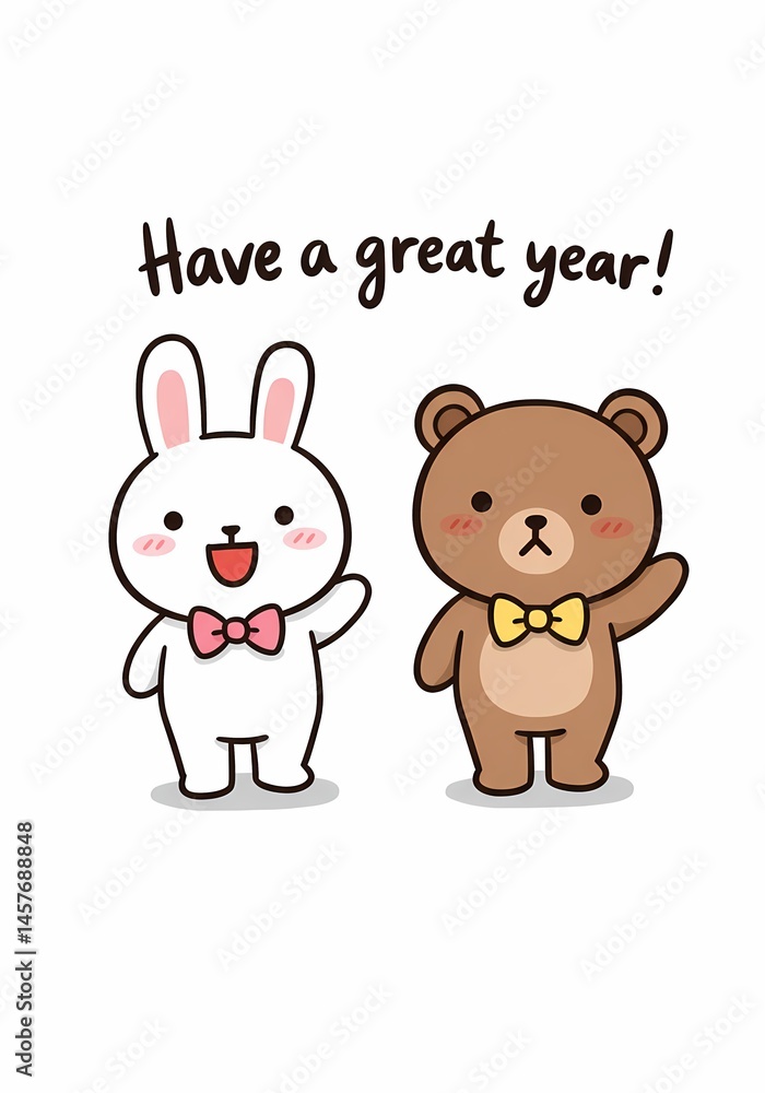 Whimsical year greeting: A friendly cartoon rabbit and bear invite you into a year filled with joy and lighthearted moments, creating a fun, animated feel Whimsical year greeting: A friendly cartoon rabbit and bear invite you into a year filled with joy and lighthearted moments, creating a fun, animated feel