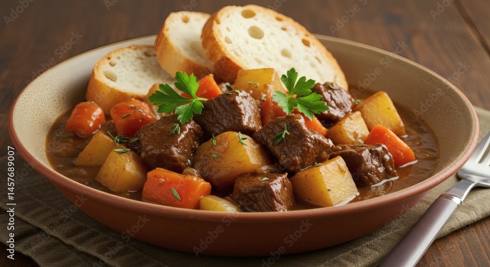 A bowl of beef stew with carrots potatoes bread and parsley on a brown table with a fork near it A bowl of beef stew with carrots potatoes bread and parsley on a brown table with a fork near it