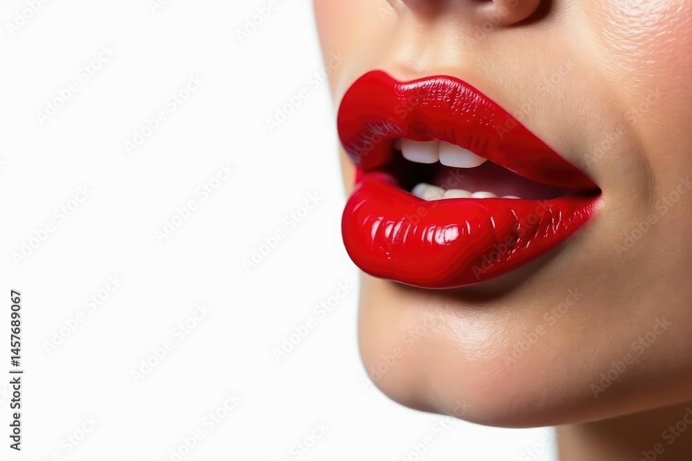 Obraz premium Close-up of vibrant red lipstick on pure white , beauty product, lipstick, lip color