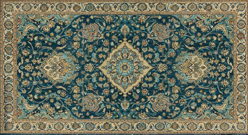 Intricate Turquoise Rug Featuring a Detailed Floral and Geometric Pattern with a Neutral Toned Trim Decorative Textile