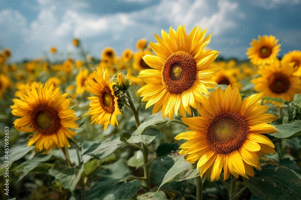 Vibrant sunflowers in a field under a cloudy sky, showcasing nature's beauty. Vibrant sunflowers in a field under a cloudy sky, showcasing nature's beauty.
