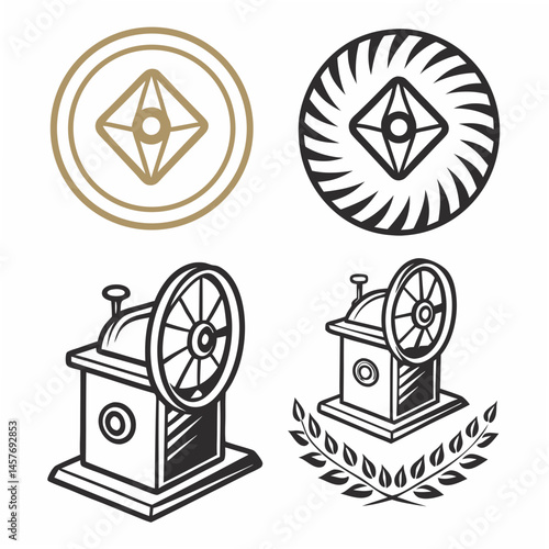 Vintage Coffee Grinder And Emblem Icons Set For Branding Designs