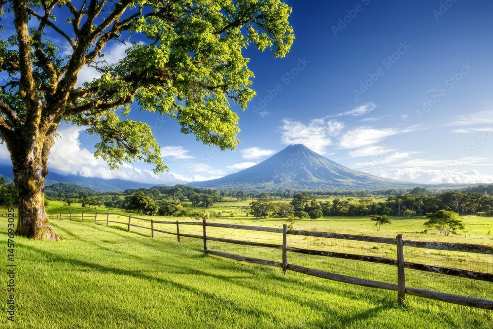 Fototapeta premium A lush green field with a large tree in the foreground