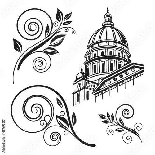 Black And White Dome Building With Floral Ornaments Vector Illustration