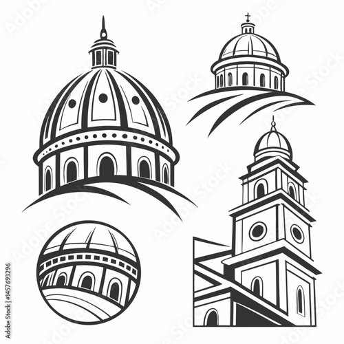Architectural Domes And Towers In Black And White Vector Graphic Illustrations