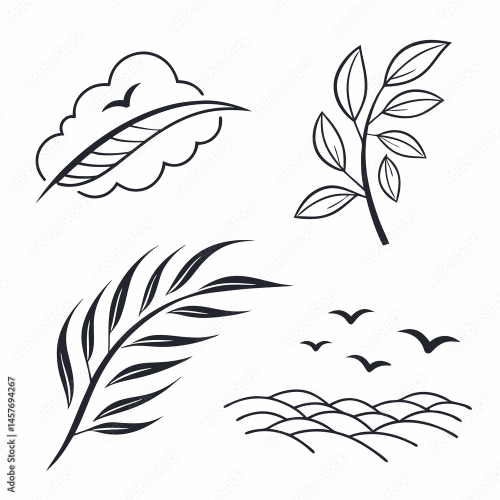 Obraz premium Simple Nature Elements Drawing Set Featuring Leaf Branch Feather And Birds