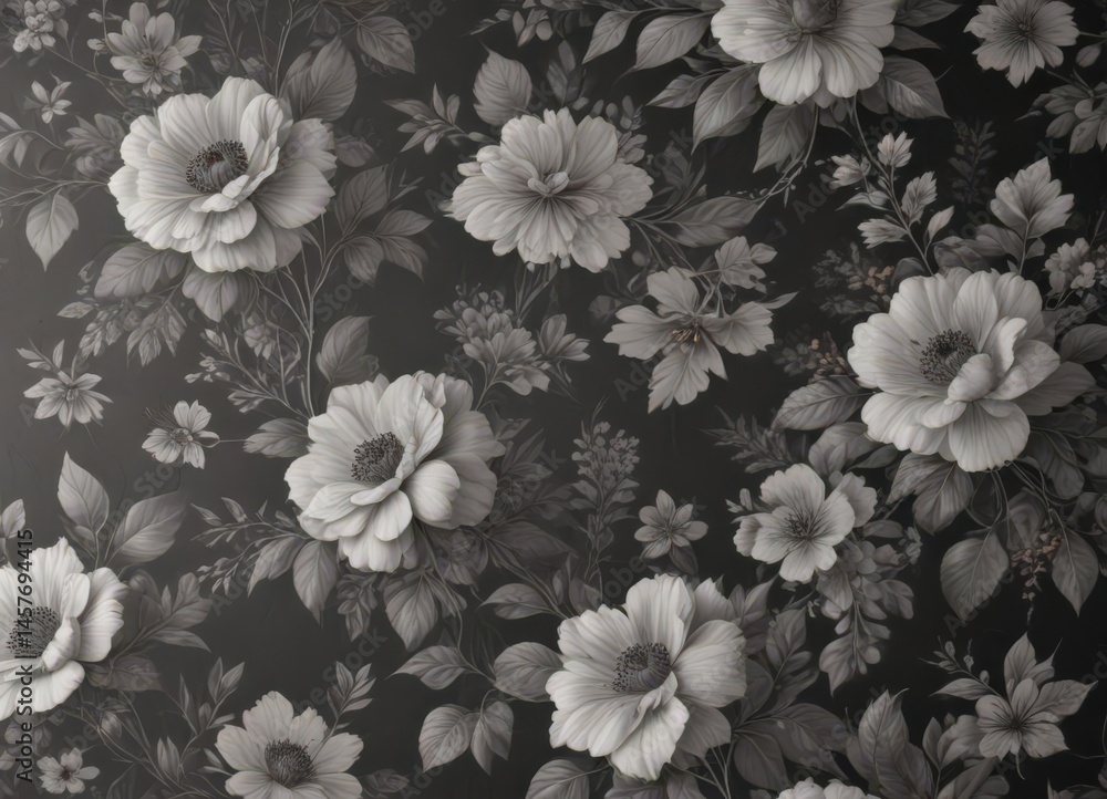Obraz premium Subtle charcoal floral wallpaper, vintage print Delicate blooms & leaves , antique, wallcovering, art