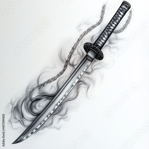 katana, draw, asian, cut, Japan, smoke, black and white, chain, weapon