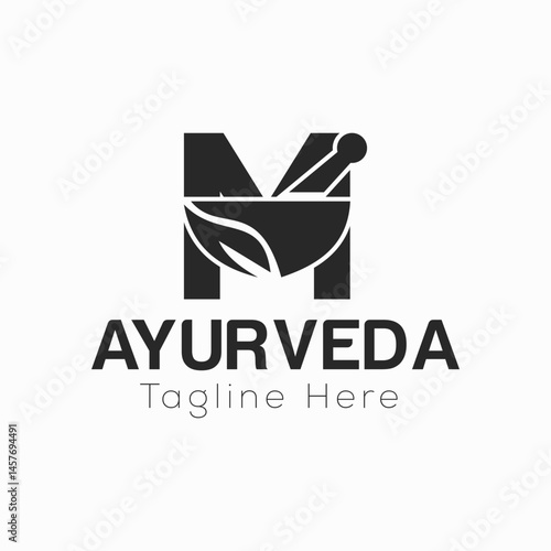 Initial Letter M Ayurveda Eco Logo Design, Pharmacy Concept Vector Template