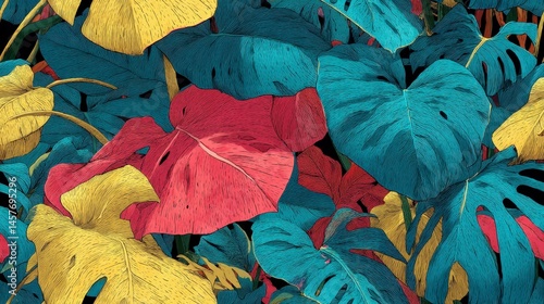 Tropical leaves monstera seamless pattern Vibrant illustration of colorful tropical leaves in a detailed, artistic style.