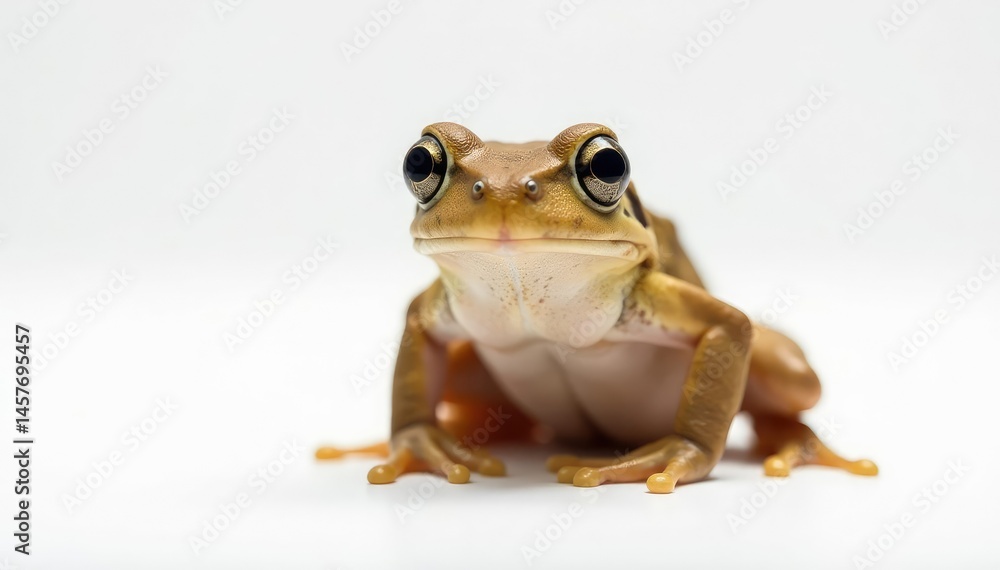 Obraz premium Small brown frog, perched, clean white backdrop, leaping, animal, tiny