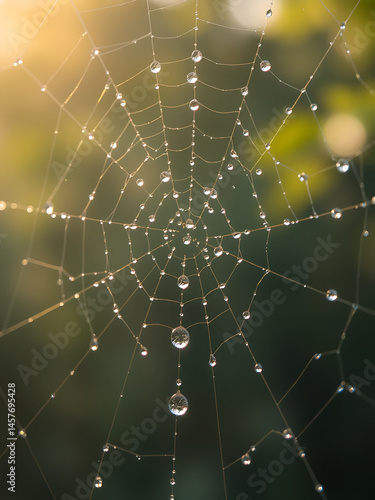 Dew drops on spider web morning light background. Dewfall. Illustration
