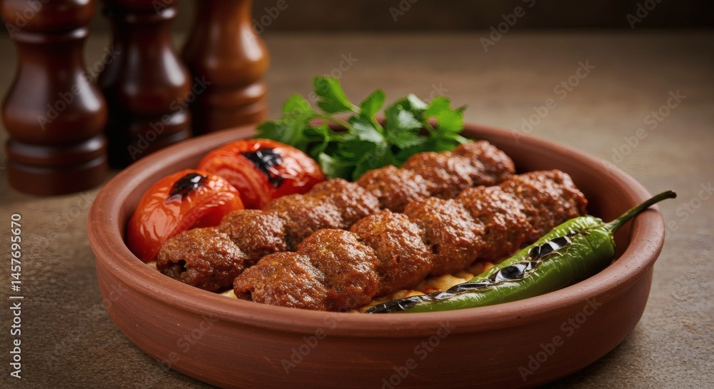 A close up of a clay dish filled with grilled meatballs, tomatoes, and a green chili pepper garnish A close up of a clay dish filled with grilled meatballs, tomatoes, and a green chili pepper garnish