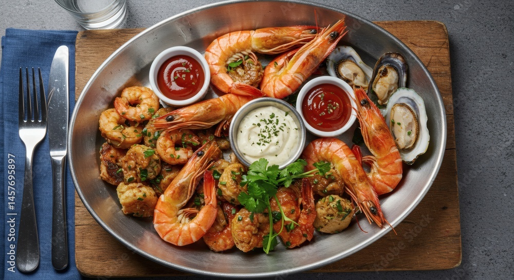 A platter of seafood with shrimp oysters and sauces on a wooden board with cutlery and a glass of water A platter of seafood with shrimp oysters and sauces on a wooden board with cutlery and a glass of water
