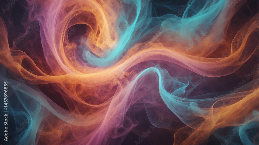 Fototapeta premium Vibrant swirl of colorful smoke clouds in pink, cyan, purple, and orange tones. Dreamy spiral motion, soft fog texture, glowing haze. Abstract background for energetic and magical digital designs