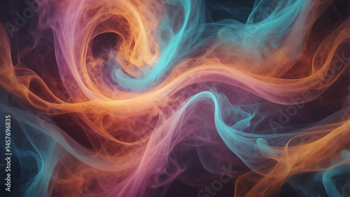 Vibrant swirl of colorful smoke clouds in pink, cyan, purple, and orange tones. Dreamy spiral motion, soft fog texture, glowing haze. Abstract background for energetic and magical digital designs