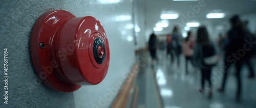 Red alarm button in a busy hallway.