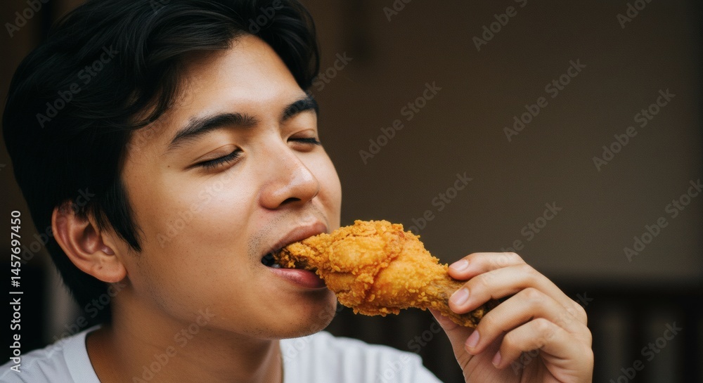 A young man is enjoying a piece of fried chicken with a focused expression on his face in a close up shot A young man is enjoying a piece of fried chicken with a focused expression on his face in a close up shot