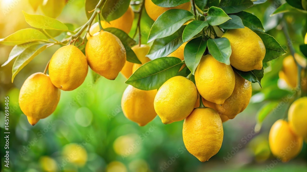 A cluster of lemons on a lush green lemon tree with two large branches and leaves , lemons, fruit, lemons, fruit A cluster of lemons on a lush green lemon tree with two large branches and leaves , lemons, fruit, lemons, fruit