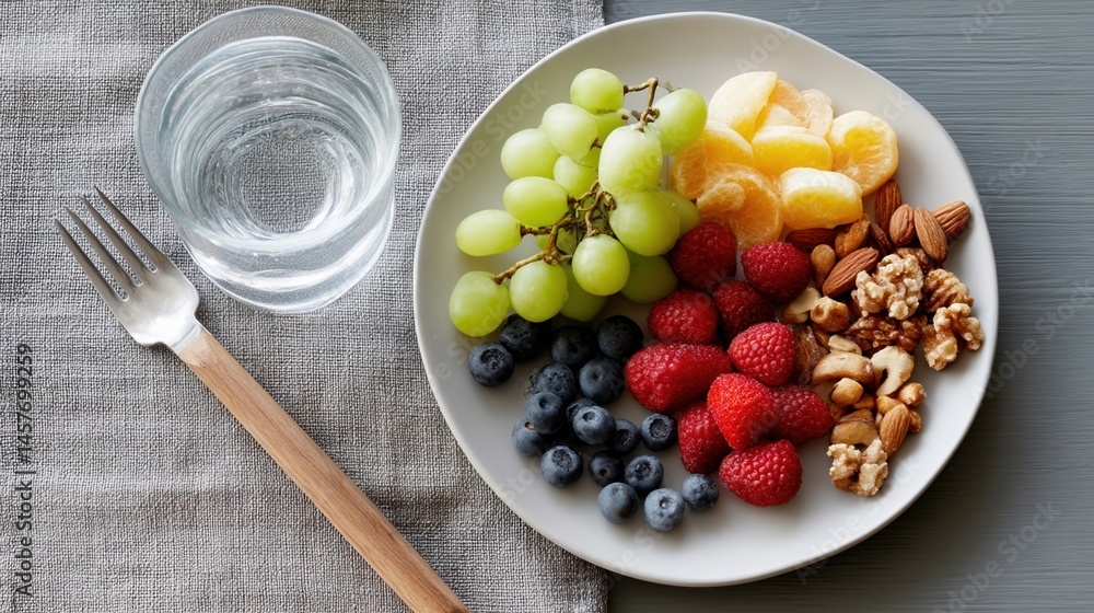 A plate with a balanced snack of fruits and nuts positioned next to a glass of water highlighting the importance of proper nighttime nutrition for sleep quality.