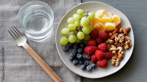 Obraz na płótnie A plate with a balanced snack of fruits and nuts positioned next to a glass of water highlighting the importance of proper nighttime nutrition for sleep quality. w salonie