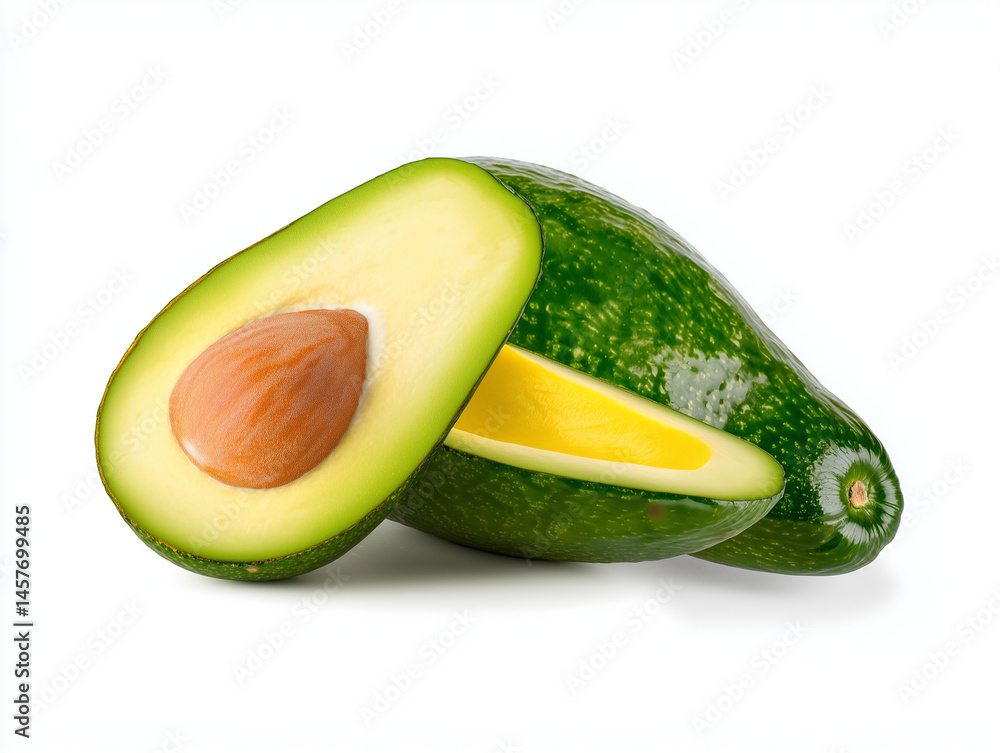 Fresh Avocado with Seed and Leaves on White Background Fresh Avocado with Seed and Leaves on White Background