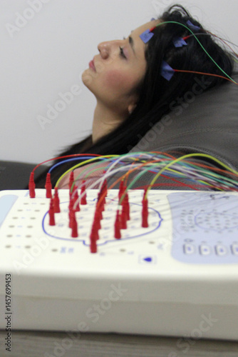Electroencephalogram on a 20-year-old latin woman to measure brain electrical activity and diagnose brain problems, such as epilepsy and sleep disorders