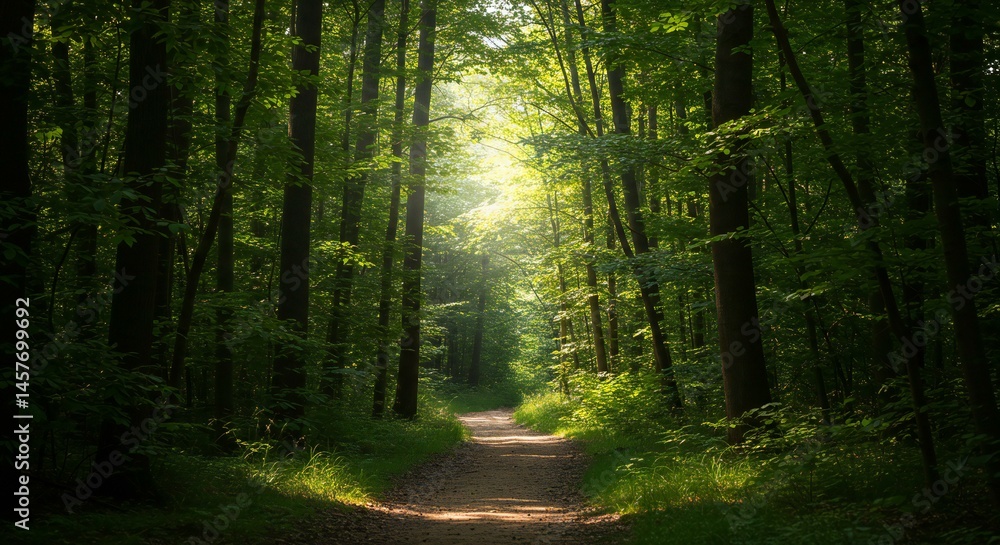 Obraz premium Sunlight filtering through a dense forest pathway.