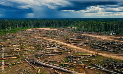 Aerial View of Rainforest Deforestation with Storm Clouds