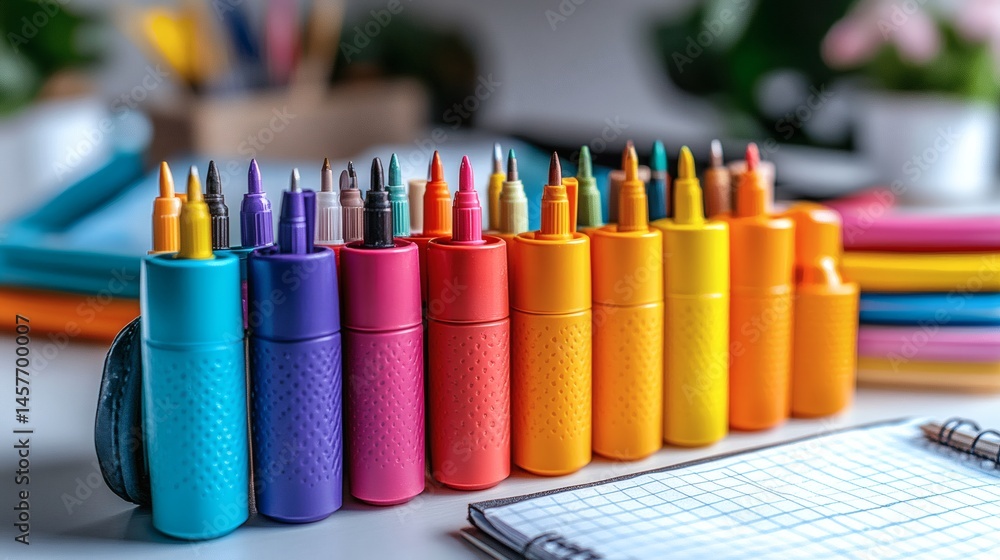 Fototapeta premium Vibrant arrangement of multicolored markers, set upright on a light desk surface, near open notebook and blurred stationery. on a transparent background, PNG image, PNG file.