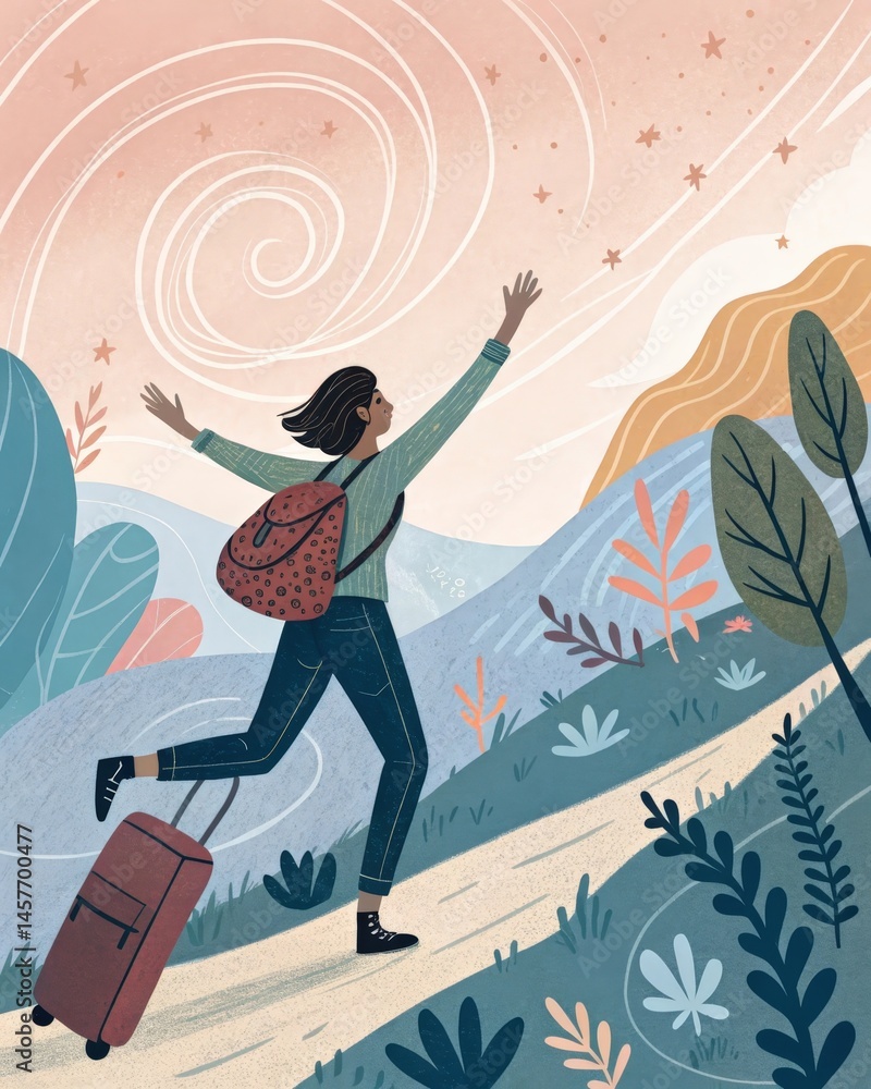 A traveler explores a new place exuberantly skipping and spinning expressing excitement and curiosity through their lively and spontaneous actions.