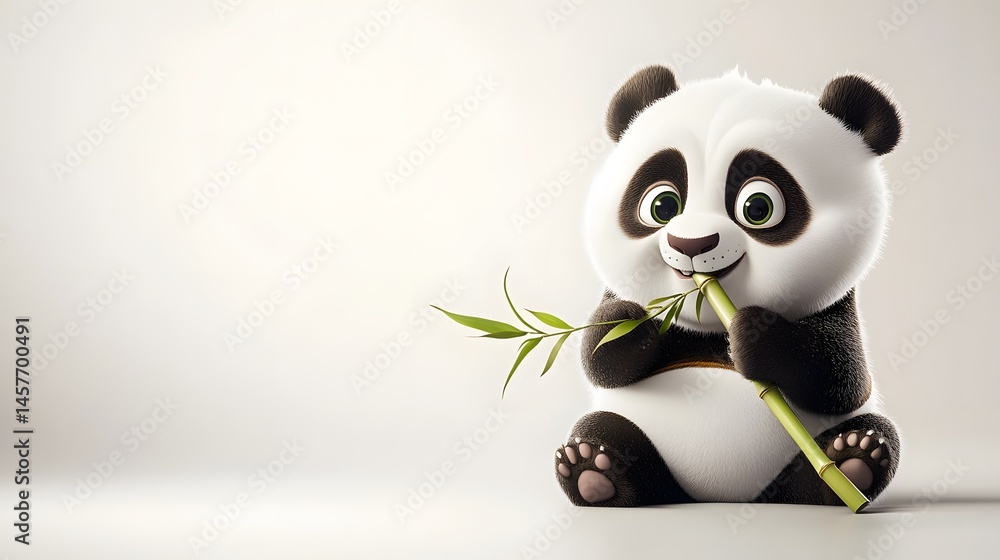 Fototapeta premium Cute cartoon panda enjoying a bamboo snack.
